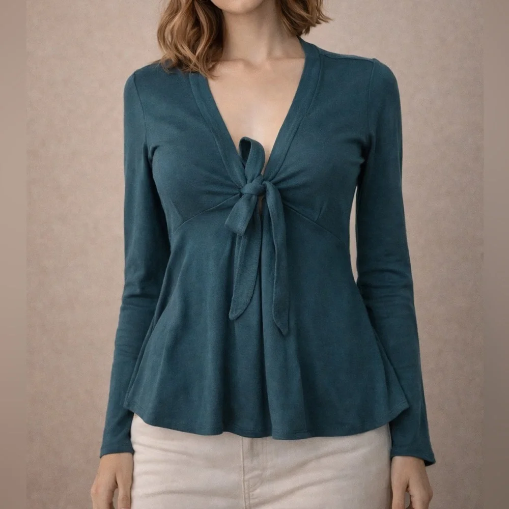 Free People Teal Tie-Front long sleeve peplum top size small